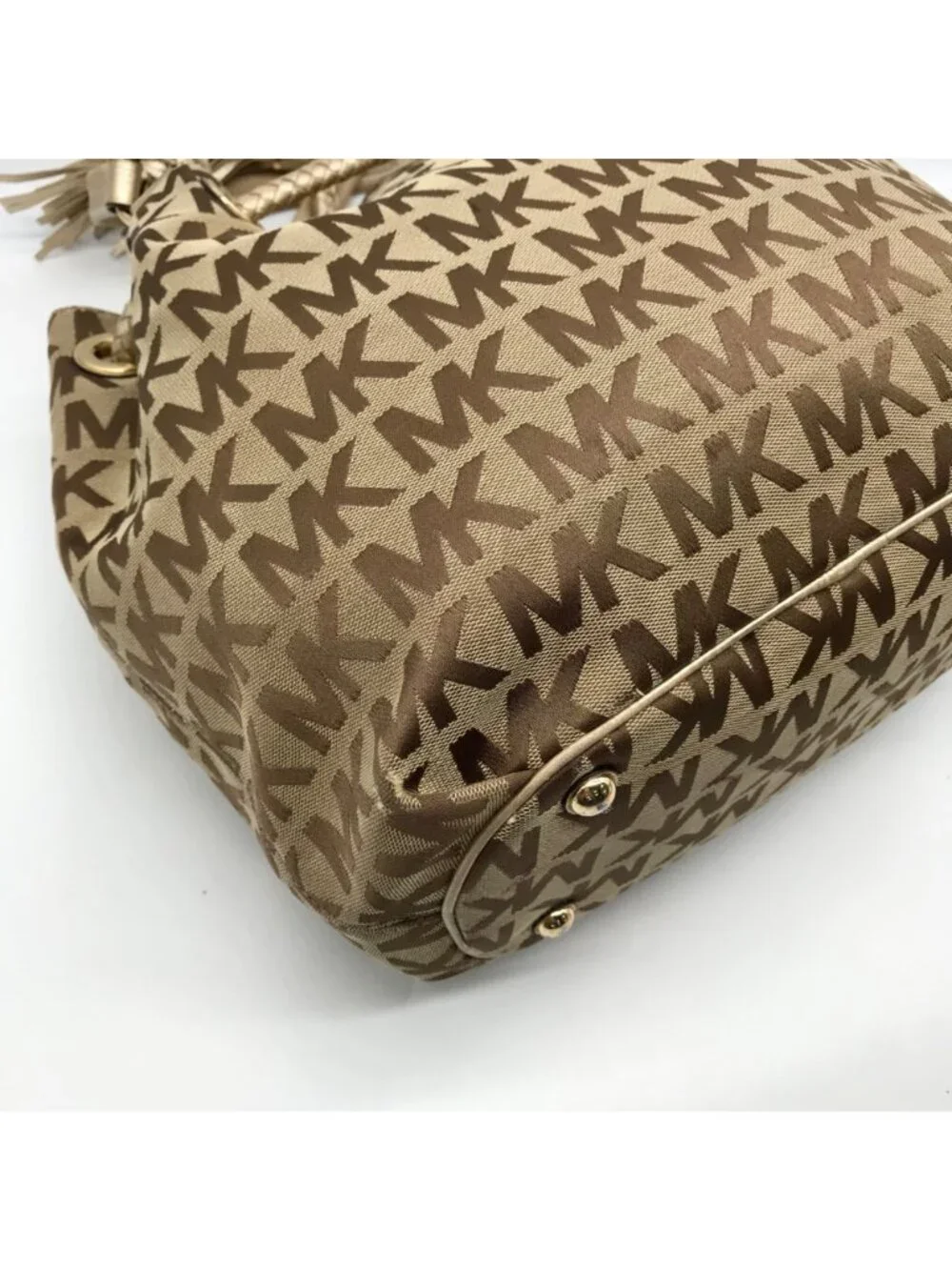 Michael Kors Brown & Gold Monogram Canvas Gathered Jet Set Tote Bag
